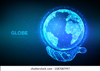 Earth globe illustration. Abstract polygonal planet in hand. Low poly design. Global network connection. Blue futuristic background with planet Earth. Internet and technology. Vector illustration.