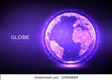 Earth globe illustration. Abstract polygonal planet. Low poly design. Global network connection. Blue futuristic background with planet Earth. Internet and technology. Vector illustration.