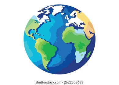 Earth globe illustration depicts continents like North and South America, Africa, Europe, and parts of Asia, set against a white background, rendered in varied colors.