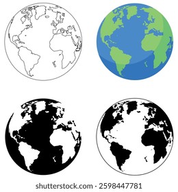 Earth Globe illustration design element in colour and black and white versions, World concept