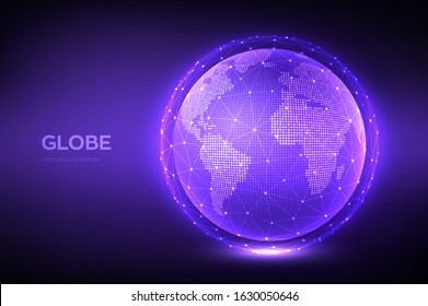 Earth globe illustration. World map point and line composition concept of global network connection. Blue futuristic background with planet Earth. Internet and technology. Vector illustration.