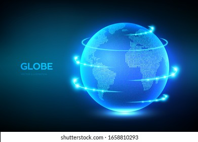 Earth globe illustration. World map point and line composition concept of global network connection. Blue futuristic background with planet Earth. Internet and technology. Vector illustration.