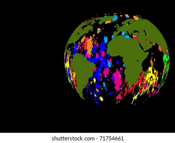 Earth globe ink splat design in rainbow colours, vector illustration