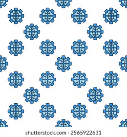 Earth Globe inside Cog Wheel vector Balance of Power concept blue seamless pattern