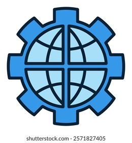 Earth Globe inside Cog Wheel vector Balance of Power concept blue icon or design element