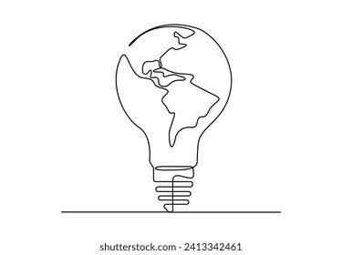 The earth globe inside of light bulb continuous one line drawing. The Earth day. Vector illustration. Premium vector.