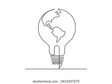 Earth globe inside lightbulb continuous one line drawing vector illustration. Pro vector.