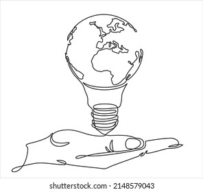 Earth globe inside lightbulb in one continuous line drawing. Vector Concept of Eco innovation, idea of green energy and global solution with electricity in simple doodle style. Editable stroke