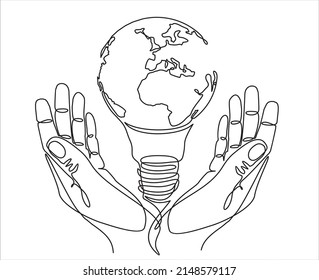 Earth globe inside lightbulb in one continuous line drawing. Vector Concept of Eco innovation, idea of green energy and global solution with electricity in simple doodle style. Editable stroke