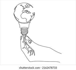 Earth globe inside lightbulb in one continuous line drawing. Vector Concept of Eco innovation, idea of green energy and global solution with electricity in simple doodle style. Editable stroke