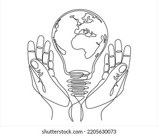 Planeta terrestre dentro de la bombilla en un plano continuo. Concepto vectorial de innovación ecológica, idea de energía verde y solución global con electricidad en un simple doodle. Trazo editable