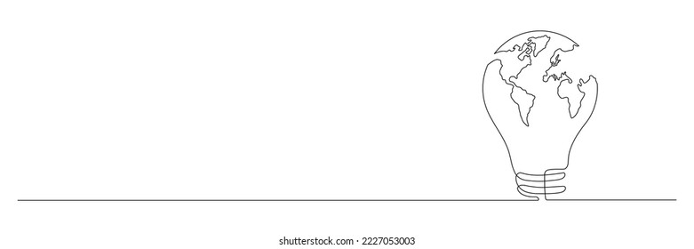 Earth globe inside lightbulb one continuous line drawing. Vector isolated on white background.