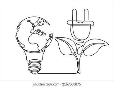 Earth globe inside lightbulb with power plug in one continuous line drawing. Vector Concept of Eco innovation, idea of green energy and global solution with electricity in simple doodle style. 