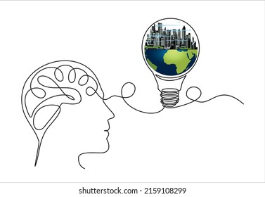 Erdumlaufbahn in Leuchtstoffgedanken im Kopf eines Menschen in einer fortlaufenden Linienzeichnung. Vektorkonzept für Ökoinnovation, Idee von grüner Energie und globale Lösung mit Elektrizität in einfachem Doodle 