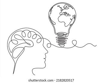 Earth globe inside lightbulb  thoughts  in a man's head  in one continuous line drawing. Vector Concept of Eco innovation, idea of green energy and global solution with electricity in simple doodle 