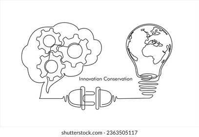 Earth globe inside lightbulb  thoughts  in a brain with gears in one continuous line drawing. Concept of Eco innovation, idea of green energy and global solution with electricity in simple doodle