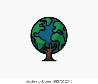Earth globe integrated with tree trunk and foliage icon. Creative design symbolising reforestation sustainable growth environmental restoration nature conservation and ecological balance for branding corporate responsibility climate change efforts.