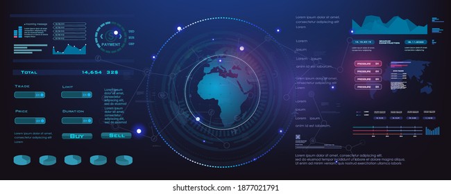 Planeta terrestre con panel de interfaz HUD con datos e información, tecnologías de internet y comunicaciones mundiales. Interfaz de diagrama de la Tierra en HUD, GUI, estilo UI. Panel de juegos de Internet para videojuegos