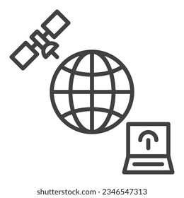 Earth Globe with Laptop and Satellite vector Satellite Broadband concept outline icon or symbol
