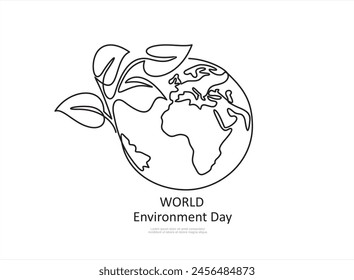 Globo terrestre con hojas de línea continua dibujada. Mapa del mundo lineal con planta. Guardar Concepto de planeta. Símbolo del Día Mundial del Medio Ambiente. Ilustración vectorial aislada en blanco.