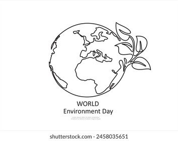 Globo terrestre con hojas de línea continua dibujada. Mapa del mundo lineal con planta. Guardar Concepto de planeta. Símbolo del Día Mundial del Medio Ambiente. Ilustración vectorial aislada en blanco.