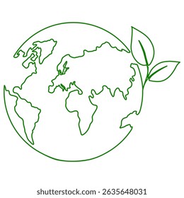 Earth globe with leaves continuous line drawing. World map with curve line. Vector illustration isolated on white.