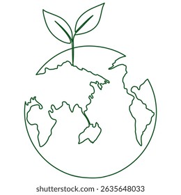 Earth globe with leaves continuous line drawing. World map with curve line. Vector illustration isolated on white.