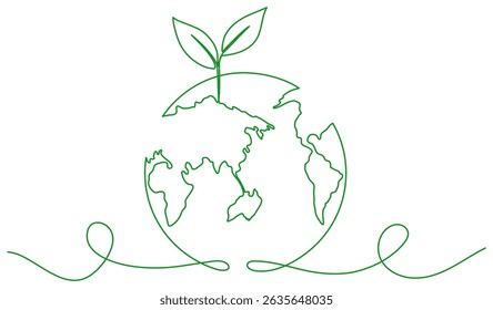 Earth globe with leaves continuous line drawing. World map with curve line. Vector illustration isolated on white.