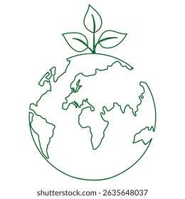 Earth globe with leaves continuous line drawing. World map with curve line. Vector illustration isolated on white.