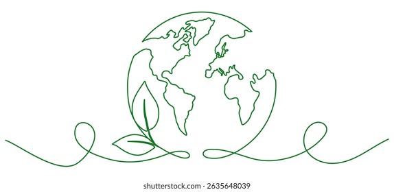 Earth globe with leaves continuous line drawing. World map with curve line. Vector illustration isolated on white.