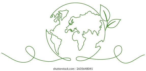 Earth globe with leaves continuous line drawing. World map with curve line. Vector illustration isolated on white.
