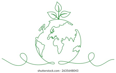 Earth globe with leaves continuous line drawing. World map with curve line. Vector illustration isolated on white.
