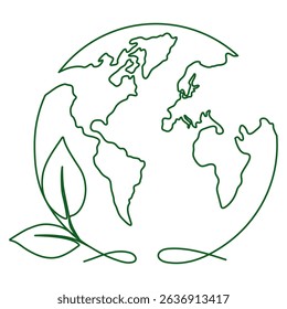 Earth globe with leaves continuous line drawing. World map with curve line. Vector illustration isolated on white.