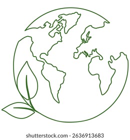 Earth globe with leaves continuous line drawing. World map with curve line. Vector illustration isolated on white.