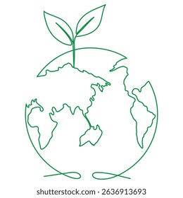 Earth globe with leaves continuous line drawing. World map with curve line. Vector illustration isolated on white.