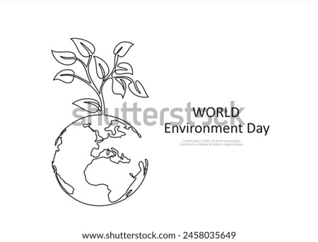 Earth globe with leaves continuous line drawn. Linear world map with plant. Save Planet concept. World environment day symbol. Vector illustration isolated on white.