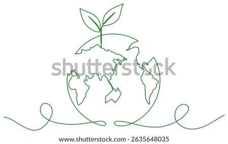 Earth globe with leaves continuous line drawing. World map with curve line. Vector illustration isolated on white.