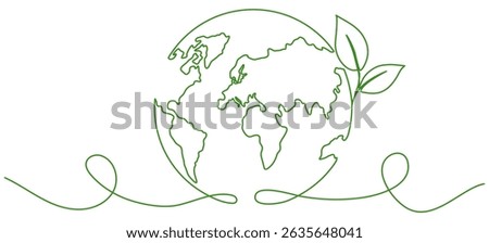 Earth globe with leaves continuous line drawing. World map with curve line. Vector illustration isolated on white.