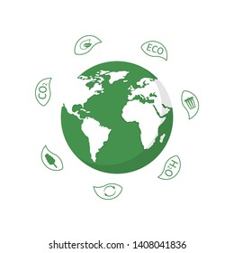 Earth Globe with Leaves for World Environment Day. Ecology planet. Eco friendly design. Vector illustration. 