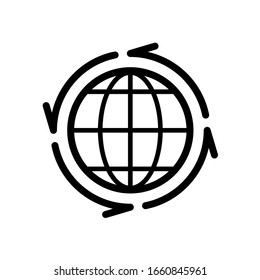 Earth globe with line arrows around icon. All over the world symbol. Goods distribution sign.