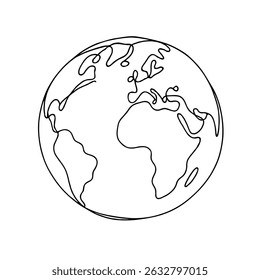 Earth Globe Line Drawing. Hand-drawn Earth Globe Sketch. Earth A HandDrawn Flat Illustration of Our Blue Planet. Simplified Globe Representation Earth's Continents and Oceans.