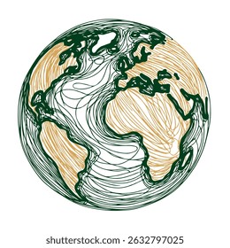 Earth Globe Line Drawing. Hand-drawn Earth Globe Sketch. Earth A HandDrawn Flat Illustration of Our Blue Planet. Simplified Globe Representation Earth's Continents and Oceans.