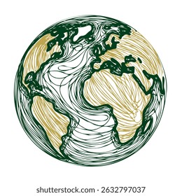 Earth Globe Line Drawing. Hand-drawn Earth Globe Sketch. Earth A HandDrawn Flat Illustration of Our Blue Planet. Simplified Globe Representation Earth's Continents and Oceans.
