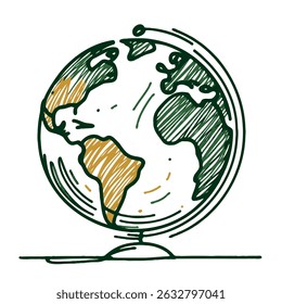 Earth Globe Line Drawing. Hand-drawn Earth Globe Sketch. Earth A HandDrawn Flat Illustration of Our Blue Planet. Simplified Globe Representation Earth's Continents and Oceans.