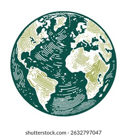 Earth Globe Line Drawing. Hand-drawn Earth Globe Sketch. Earth A HandDrawn Flat Illustration of Our Blue Planet. Simplified Globe Representation Earth's Continents and Oceans.