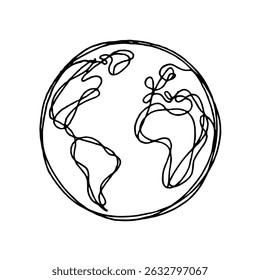 Earth Globe Line Drawing. Hand-drawn Earth Globe Sketch. Earth A HandDrawn Flat Illustration of Our Blue Planet. Simplified Globe Representation Earth's Continents and Oceans.