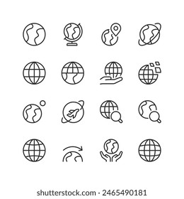 Earth, Globe, linear style icon set. Earth, geographic sphere and map. location navigation. World map and travel. Editable stroke width.