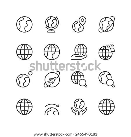 Earth, Globe, linear style icon set. Earth, geographic sphere and map. location navigation. World map and travel. Editable stroke width.