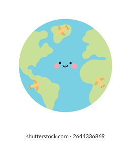 Earth globe with little planes flying editable vector white background isolated design illustration