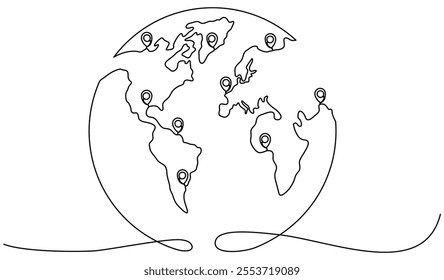 Globo terráqueo con marcadores de ubicación y dibujo continuo de líneas. Símbolos de puntero en el mapa del mundo. Viaje y concepto de viaje. Ilustración vectorial aislada en blanco.